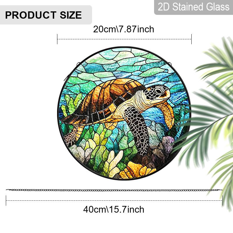 2D Flat Stained Glass Marine Themed Turtle Window Decoration, 7.87inches Colored Glass Plate with Chain, Charming Summer Sun Catcher Home Decor