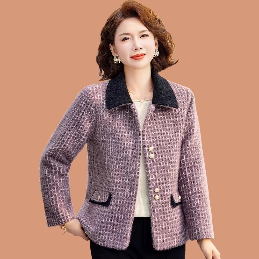 Mid-aged Women's Spring Plaid Woolen Coat - Stylish Lapel Top for Middle-aged & Elderly