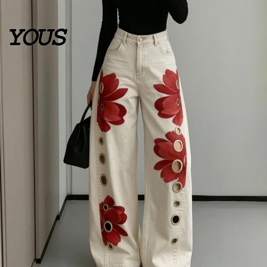 Loose Fit Faux Denim Trousers Women High Waisted Wide Leg Jeans, Vintage Floral Print Relaxed Trousers, Casual Pants with Pockets & Metal Eyelets