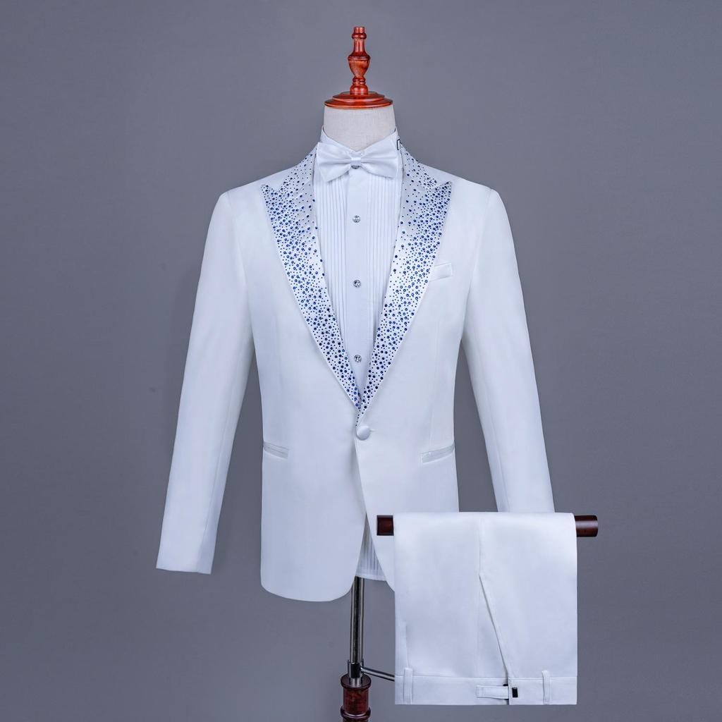Men's Single-Breasted Rhinestone Suit Set for Banquet and Performance