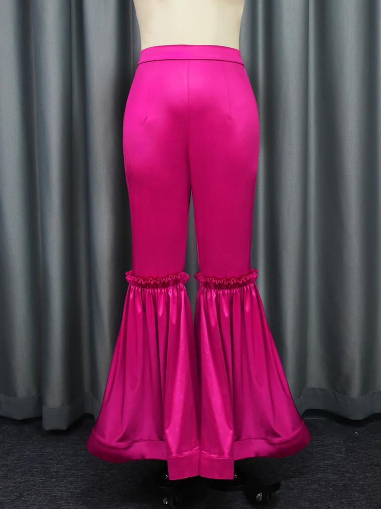 AOMEI Fuchsia Flare Pants for Women Shiny Elastic Satin Back Zipper High Waist Bell Bottoms Dressy Trousers Trendy Capris