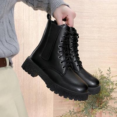 Mittelhohe schwarze Martin-Stiefel neue Leder-Damenstiefel mit dicker Sohle vielseitige dünne Stiefel