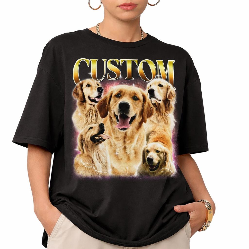 Maglietta Collage Personalizzata Golden Retriever, T-shirt Vintage per Amanti dei Cani