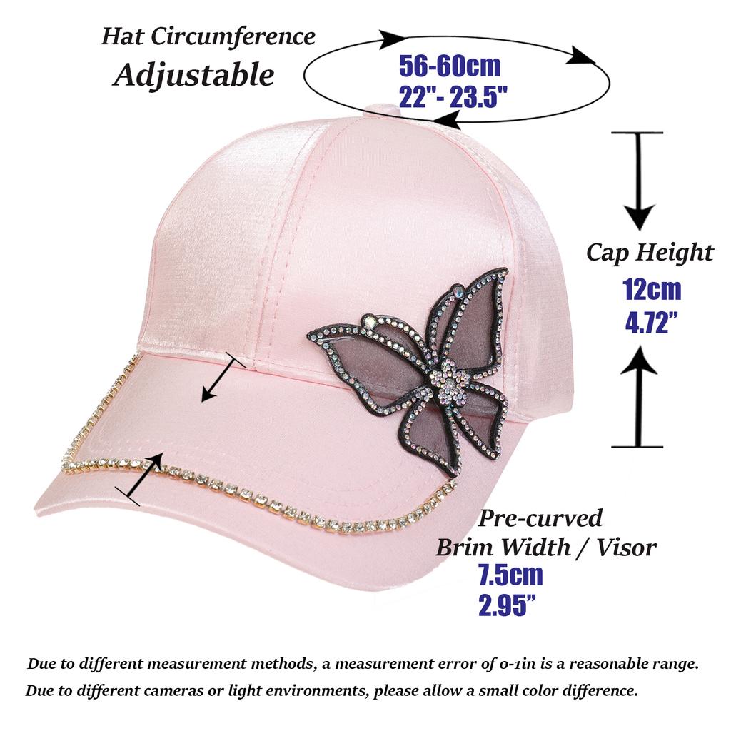 Fashion Women Rhinestone Butterfly Baseball Hat, Shiny Satin Sun Cap with Crystal Brim Decoration, Adjustable Elegant Casual Peaked Visor Hat