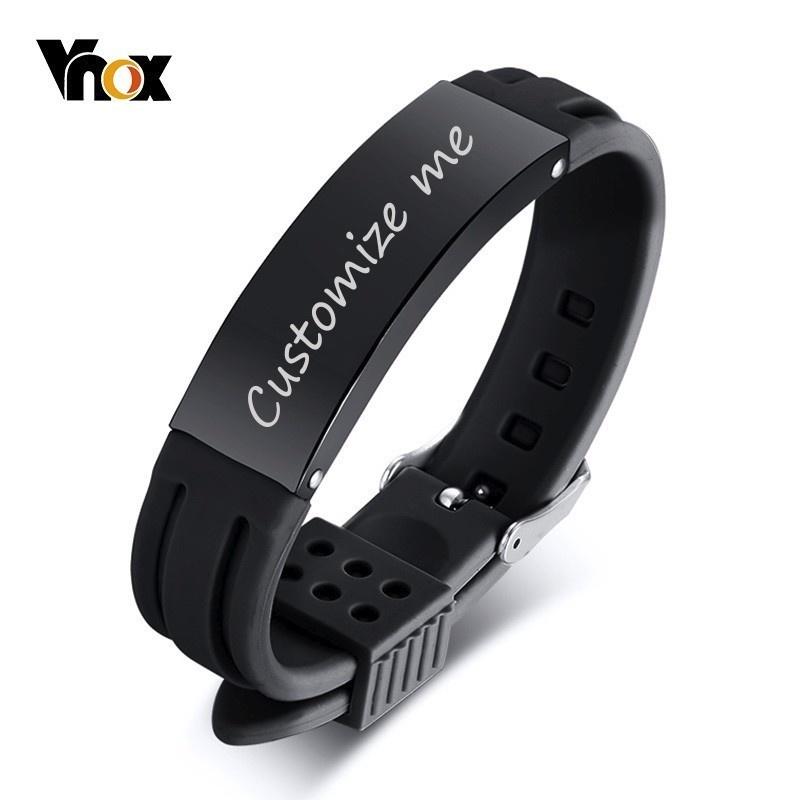 Vnox 16mm Personalize Bracelets for Men Silicone Band with Stainless Steel ID Bar Casual Jewelry Valentine's Day Gift for Him
