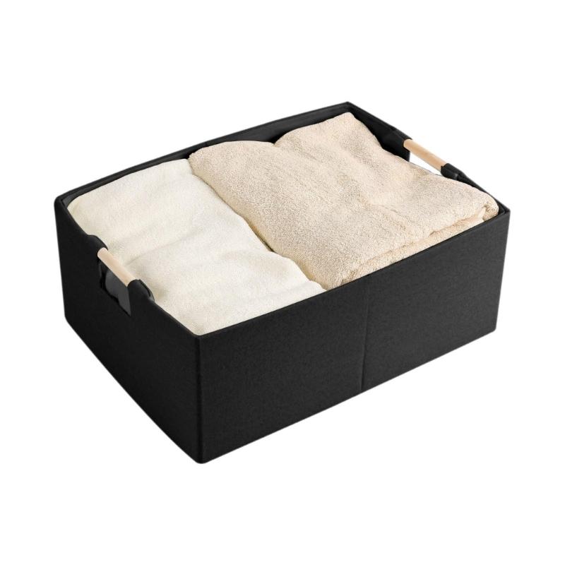 Sturdy Fabric Storage Bin With Reinforced Bottom Wooden Handles for Bedroom Office
