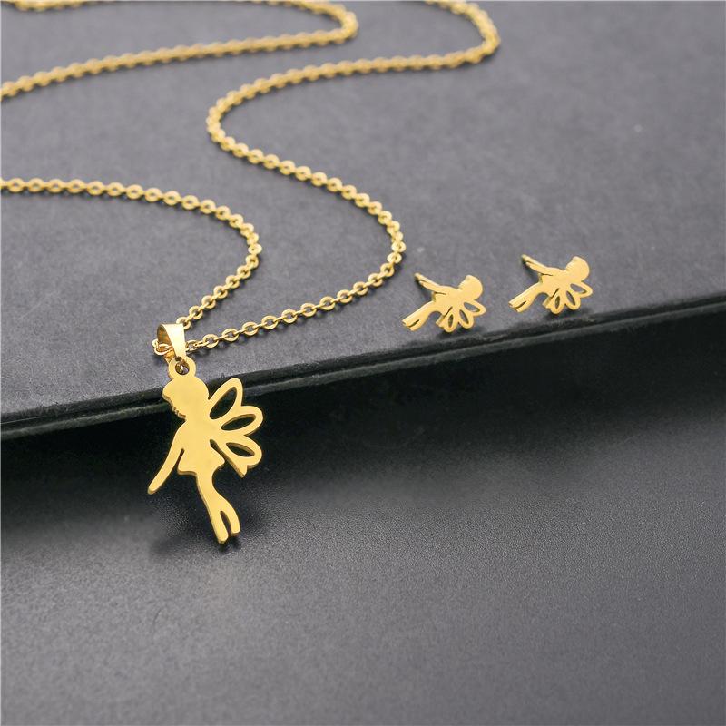RUI RUI YU Women Necklace Flower Fairy Elf Necklaces for Girls Stainless Steel Jewelry Set Angel Pendant Necklaces Earring Jewelry Gif