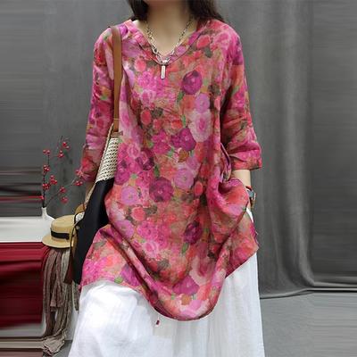 Summer Women Long T-shirts Vintage Style V-neck Floral Print Loose Female Hlaf Sleeve Casual Tops Tees