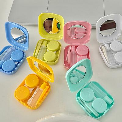 Mini Contact Lenses Case Solid Color Portable Contact Lens Box Soaking Storage Set with Tweezer Suction Stick Travel Kit Holder