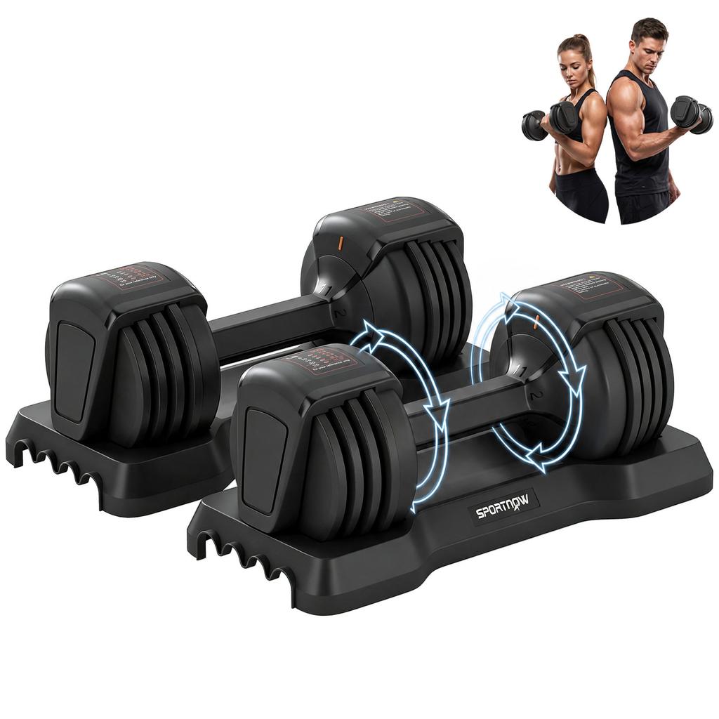 Quick-Adjustable Dumbbells, 5 Levels, 2 X 11 Kg, Safety Lock, Non-Slip Handle, Storage Bases, Black