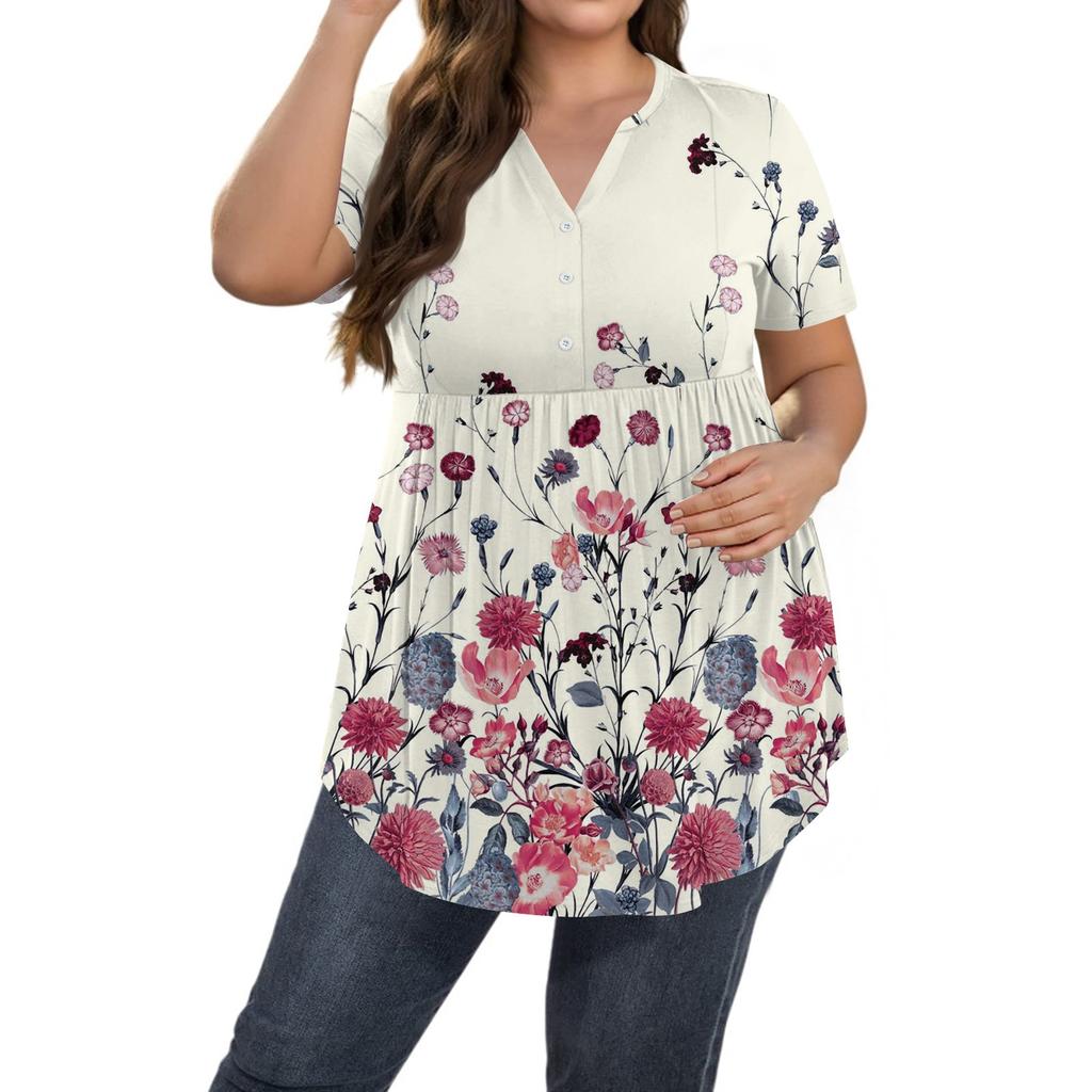 Kadın Baskılı Büyük Beden V Yaka Düğmeli Üst Günlük Kısa Kollu Bol Üst