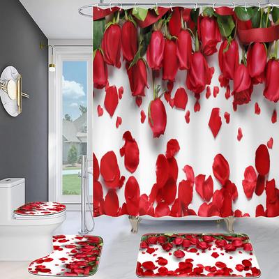 4 τμχ Ρομαντικά τριαντάφυλλα Σετ κουρτινών μπάνιου Σειρά για μπάνιο Χαλιά μπάνιου Καπάκι Κάλυμμα μπάνιου Χαλάκι μπάνιου πυκνότερο