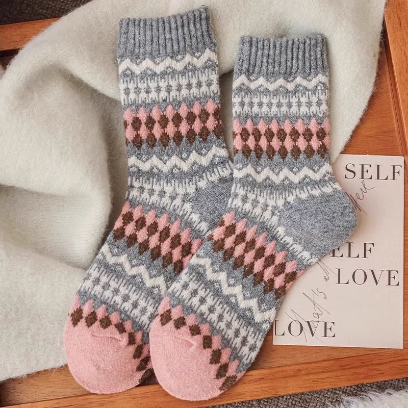 Retro Coffee-colored Socks for Women in Autumn and Winter, Ethnic Style, Thick and Warm Wool and Cotton Socks, Long Socks for Winter