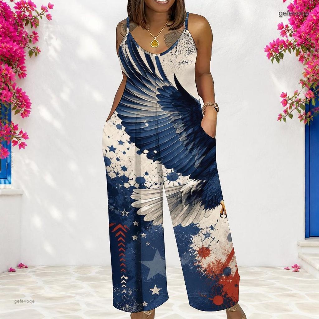 Women Spaghetti Strap Jumpsuit Rainbow Heart Star Print Wide Leg Pants With Pockets