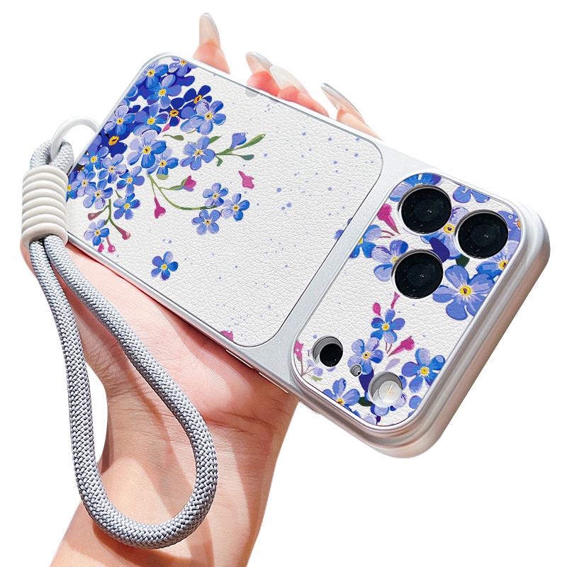 Colorful Flowers Print Leather Lanyard Case For iPhone 18 Pro Max Hybrid TPU+PU Anti-skid Soft Cover For iPhone 17 16 15 14 13 Pro Max