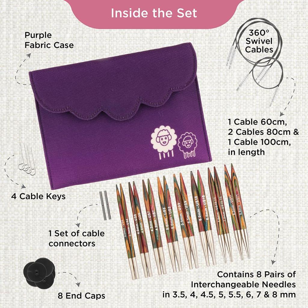 KnitPro Symphony Wood Interchangeable Circular New Deluxe Set with Rotating Cable Hand Knitting Needles, (20661) [KN] Knitting,