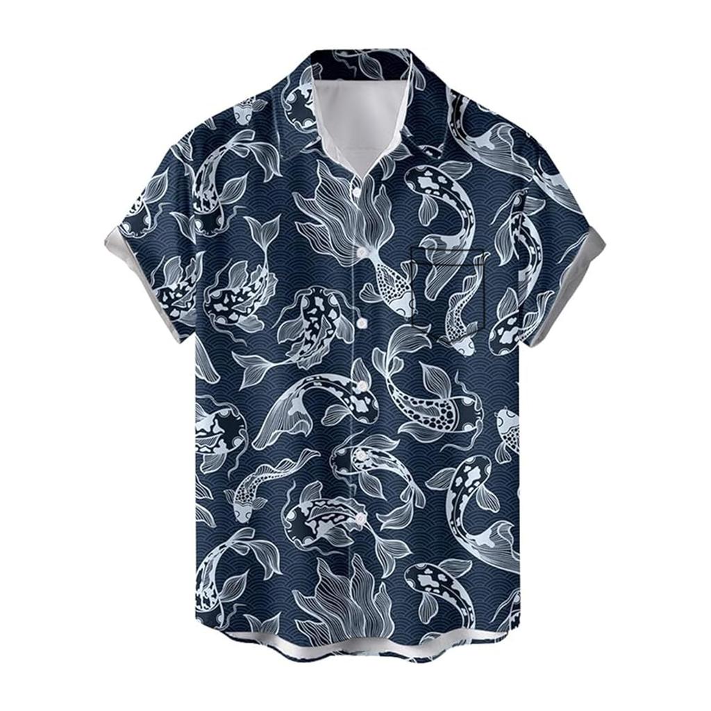 Stabbon Floral White Short Sleeve Aloha Goldfish Stylish Japanese Hawaiian Open Ultra Breathable Men's Shirt, Summer/Spring Wear, Print, Beachwear,
