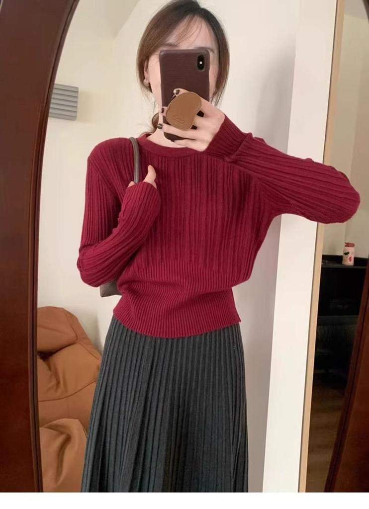 Waist-cinching design slimming crew neck knit base shirt, autumn/winter new solid color casual inner knit sweater for women