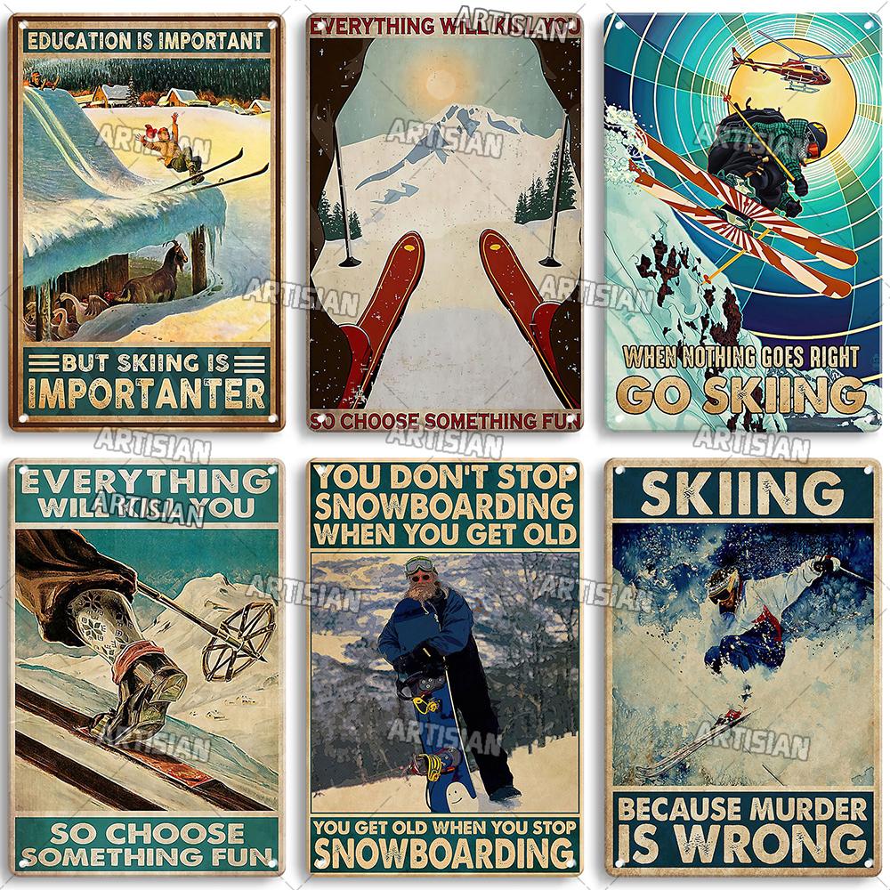 Artisian Skiing Snowboarding Metal Poster Sledding Tin Plaque Sport Decorative Plate Wall Decor Garage Bar Pub Club Hotel Cafe