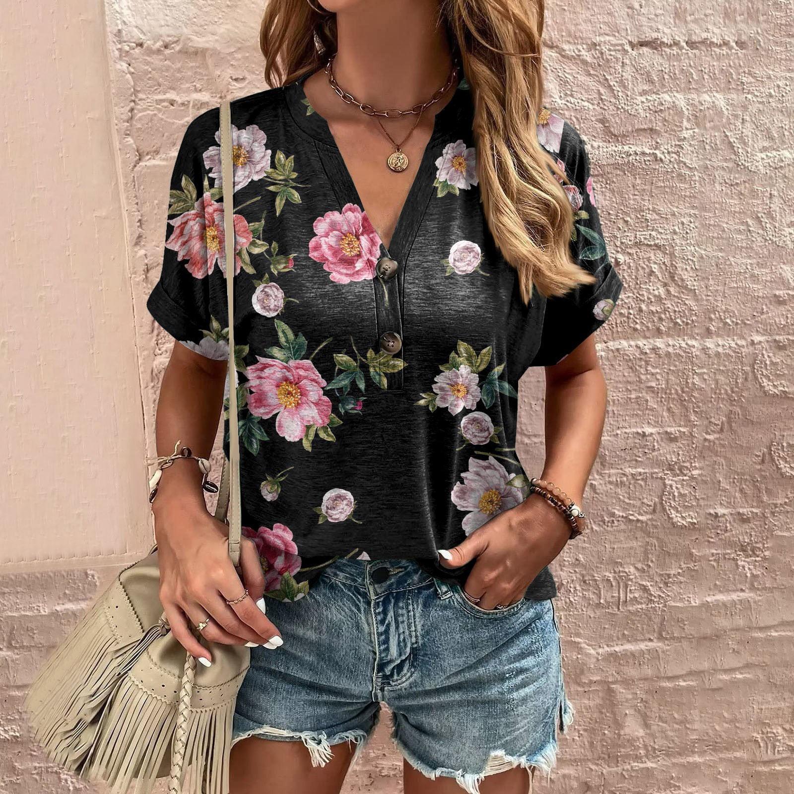 

(Острая курица)Женская рубашка, блузка, пуговицы, винтажный принт, короткий рукав, повседневный базовый топ, пуловер M розовый