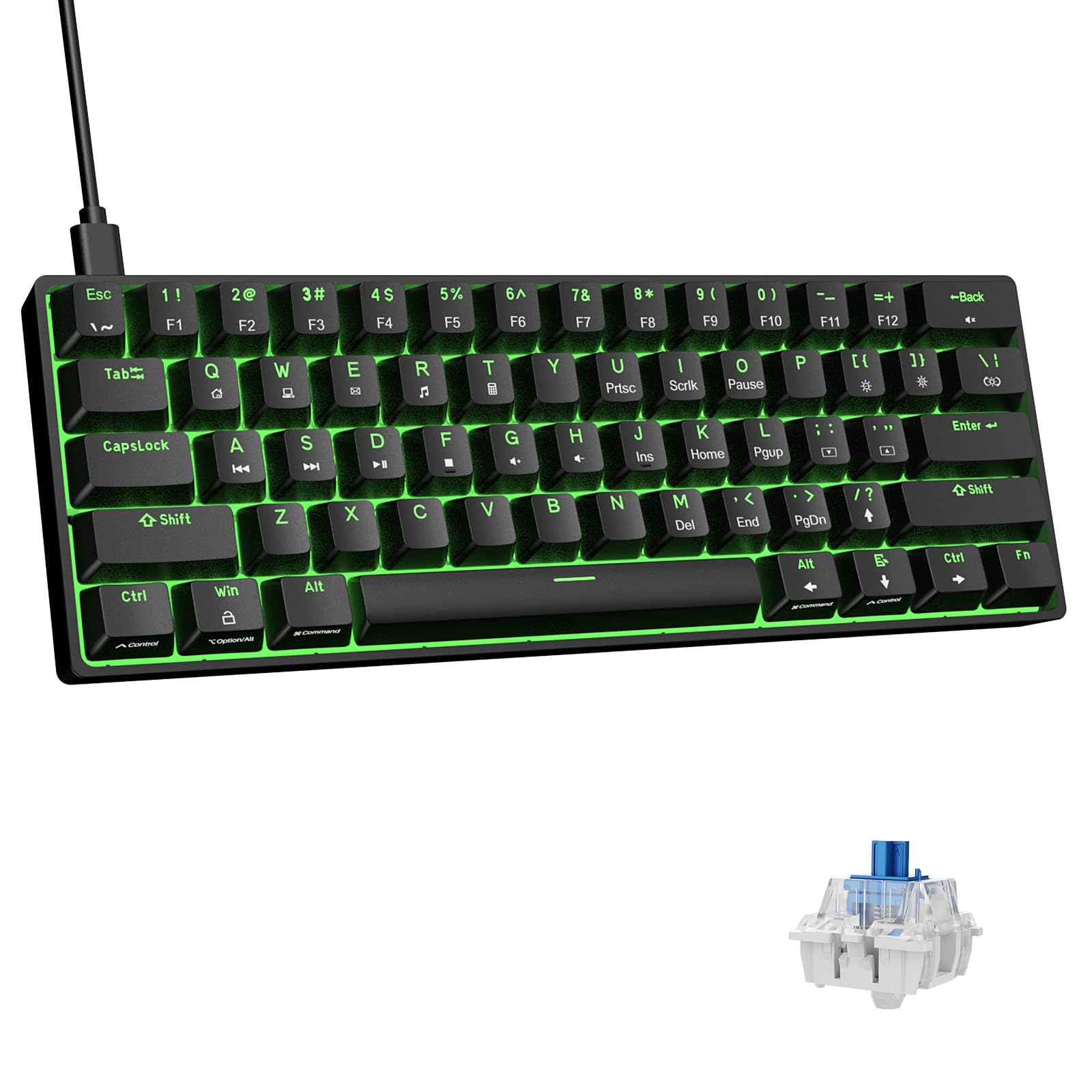 

DIERYA Gaming Keyboard Blue Switch Mini Small Mechanical Keyboard Layout 61 Keys English Layout Wired Keyboard Detachable USB C Power Cable for чорний