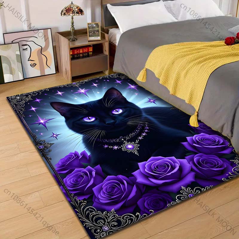 Multiple sizes Black cat purple roses stars Carpet for Living Room Bedroom Sofa Home Decor Rus Non-slip Floor Mat Luxury Gift