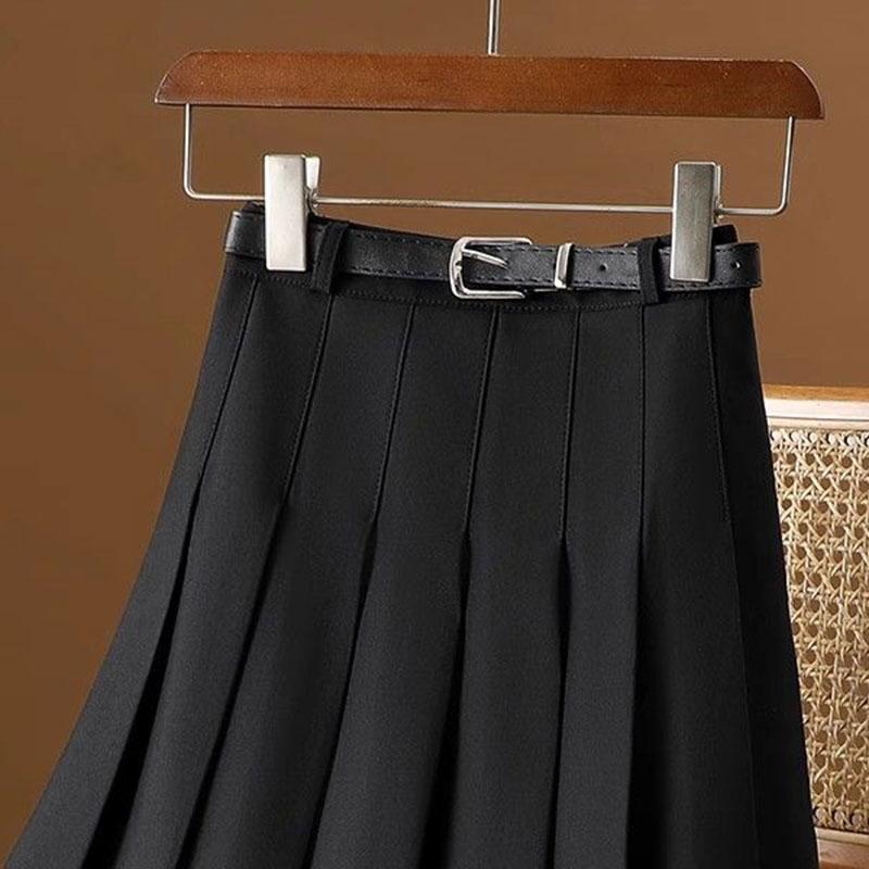Gray Solid Folds Office Lady Casual High Waist A-line Loose Women's Skirt Mid-Calf Long Skirts for Women Clothing Fashion Including Waist Belt