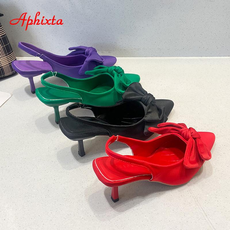 Aphixta 7cm Thin Heels Women Sandals Pointed Toe Purple Silk Butterfly-knot Ladies Modern Slides Shoes Plus Size 42