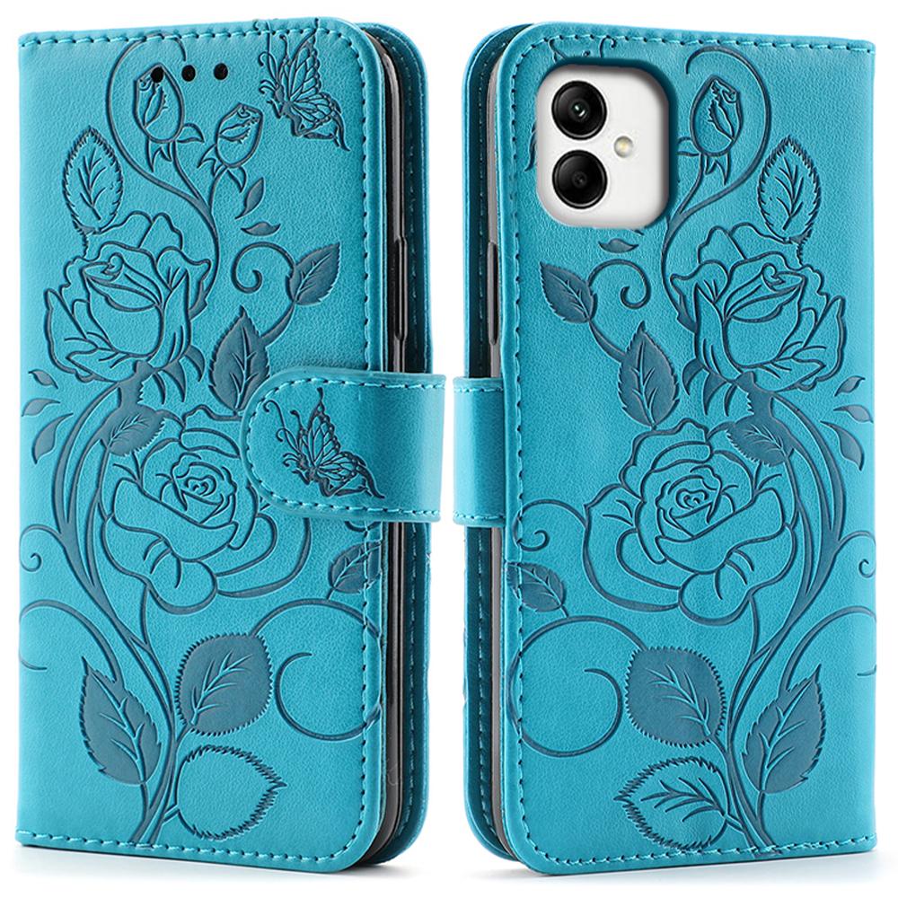 

For Samsung Galaxy A06 4G Case Wallet Stand Imprinted Rose Butterfly PU Leather Phone Cover Blue