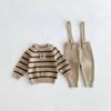 Korean Style Children's Knit Stripe Pullover and Overalls Set for Autumn/Winter