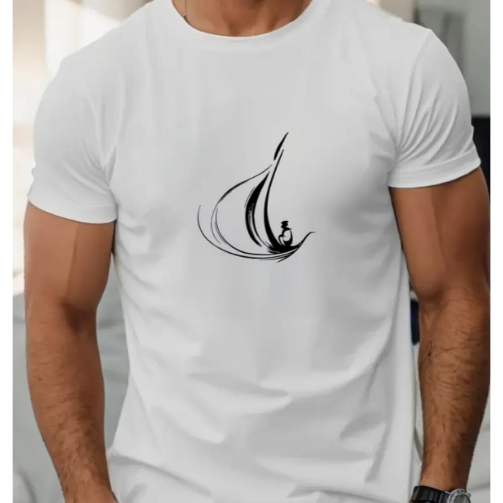 Men Casual Round Neck Short Sleeve T-Shirt Cotton Sailing Boat Graphic Regular Fit Stretch Knit Fabric Men Clothing
