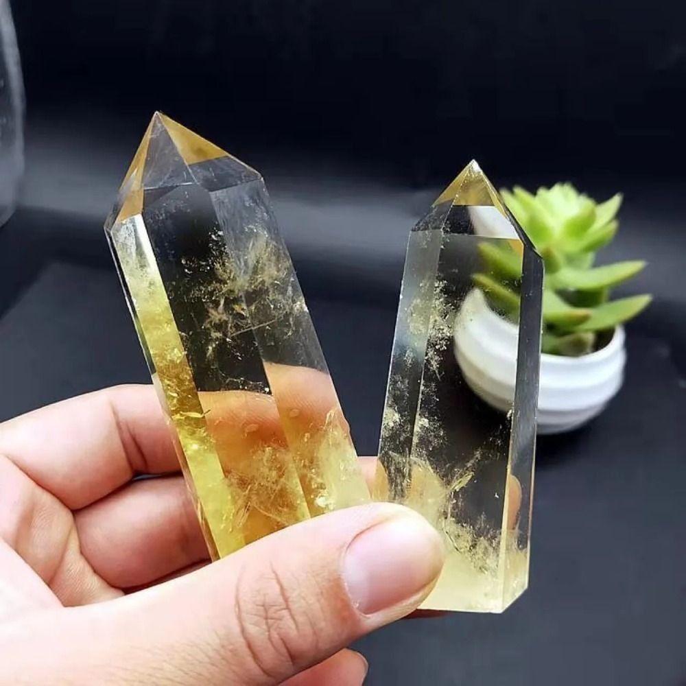 Unique Natural Crystal Beautiful Yellow Gem Home Decor Hexagonal Wand Column Energy Stone Pyramid