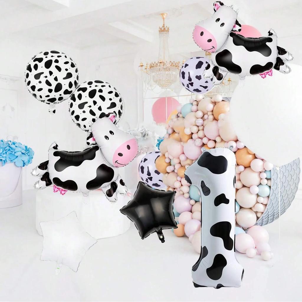 7pcs Cartoon Big Cow Balloon 40inch Black White Cow Number 0-9 Balloon Set Kid's Birthday Farm Animal Party Balloon Decoration