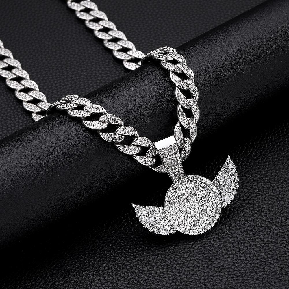 New Creative Full Diamond Wings Alloy Pendant, European and American Trendy Necklace, Hip Hop Cuban Chain Necklace