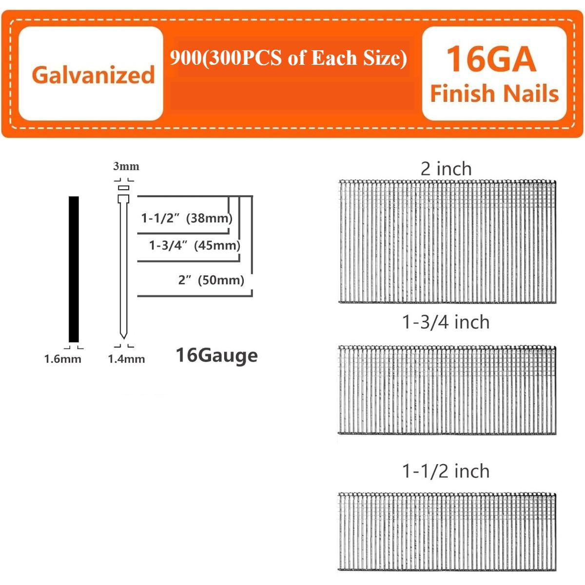 

Straight Finish Nails, 16 Gauge, 900/1500/2500-Pack (1-1/2 , 1-3/4 , 2 ), Galvanized, Assorted Size Project Pack