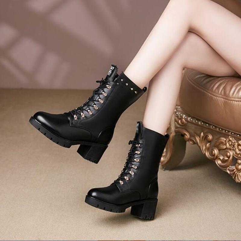 Women Boots Winter Mid-calf Boots Studded Women Marton Boots Genuine Leather Large Size Wool Warm Motorcycle Boots