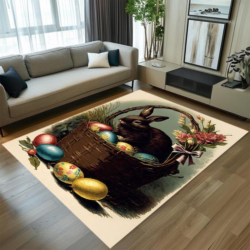 

Retro Easter Bunny Rug Basket & Egg Print Non-slip Washable Elegant Floor Mat for Living Room Bedroom Gift 40X60cm