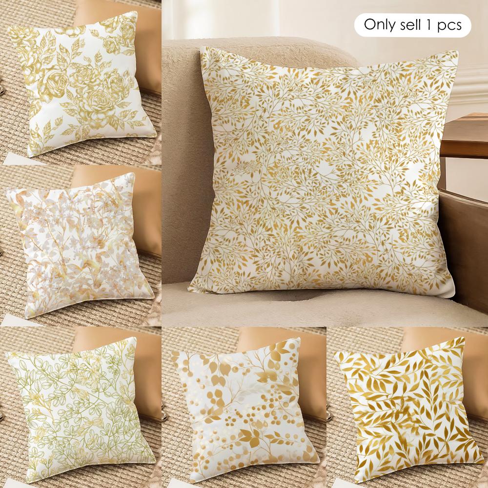 Gold Leaf Flower Cushion Cover Soft Plush Fabric DoubleSided Printed Cushion Covers for All Seasons Modern Home Decor