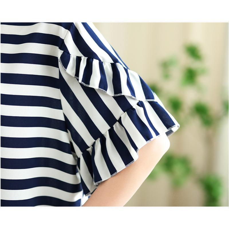 DIMANAF 2025 Summer Plus Size Short Sleeve T-Shirt Stripe Women O-Neck Loose Basic Tops Tees