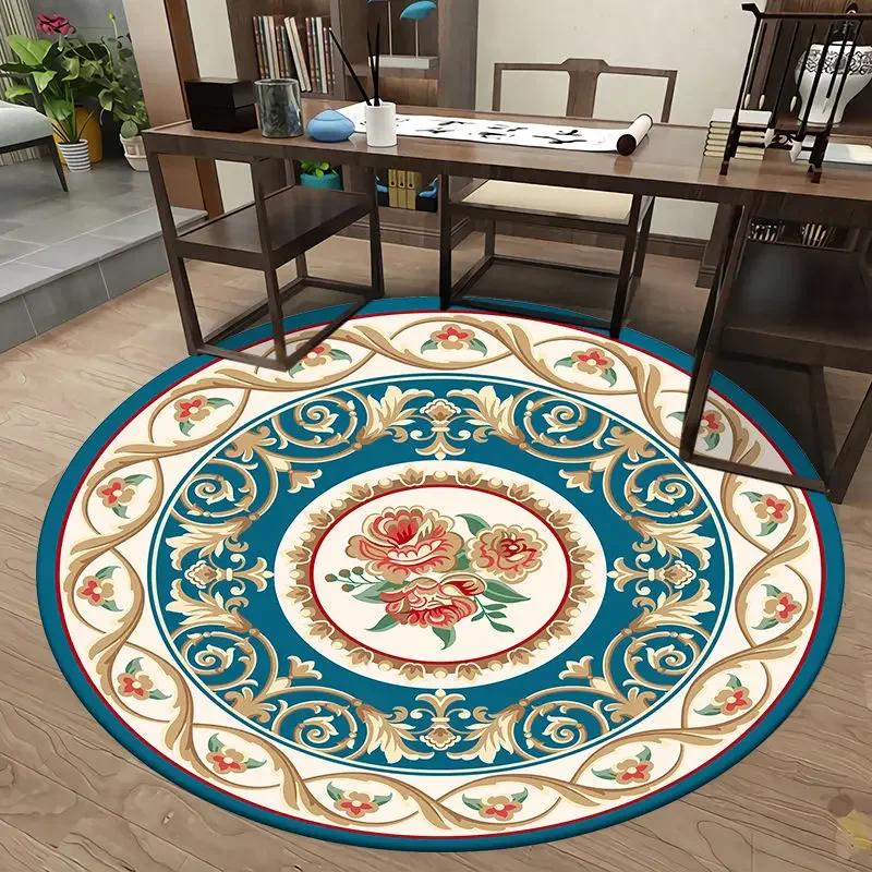 European Retro Chinese Round Carpet Living Room Tea Table Mat Computer Chair Cushion Home Decoration Non-slip Soft Fluffy Rug