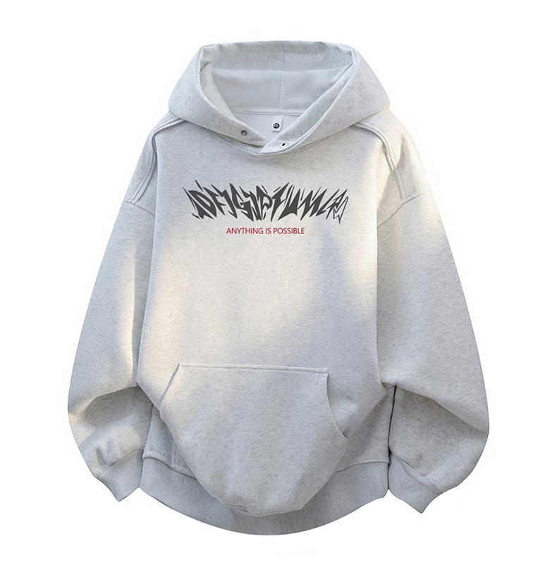 Men's Trendy American-Style Fleece-Lined Winter Hoodie – Thick, Warm, Printed, Loose Fit Jacket
