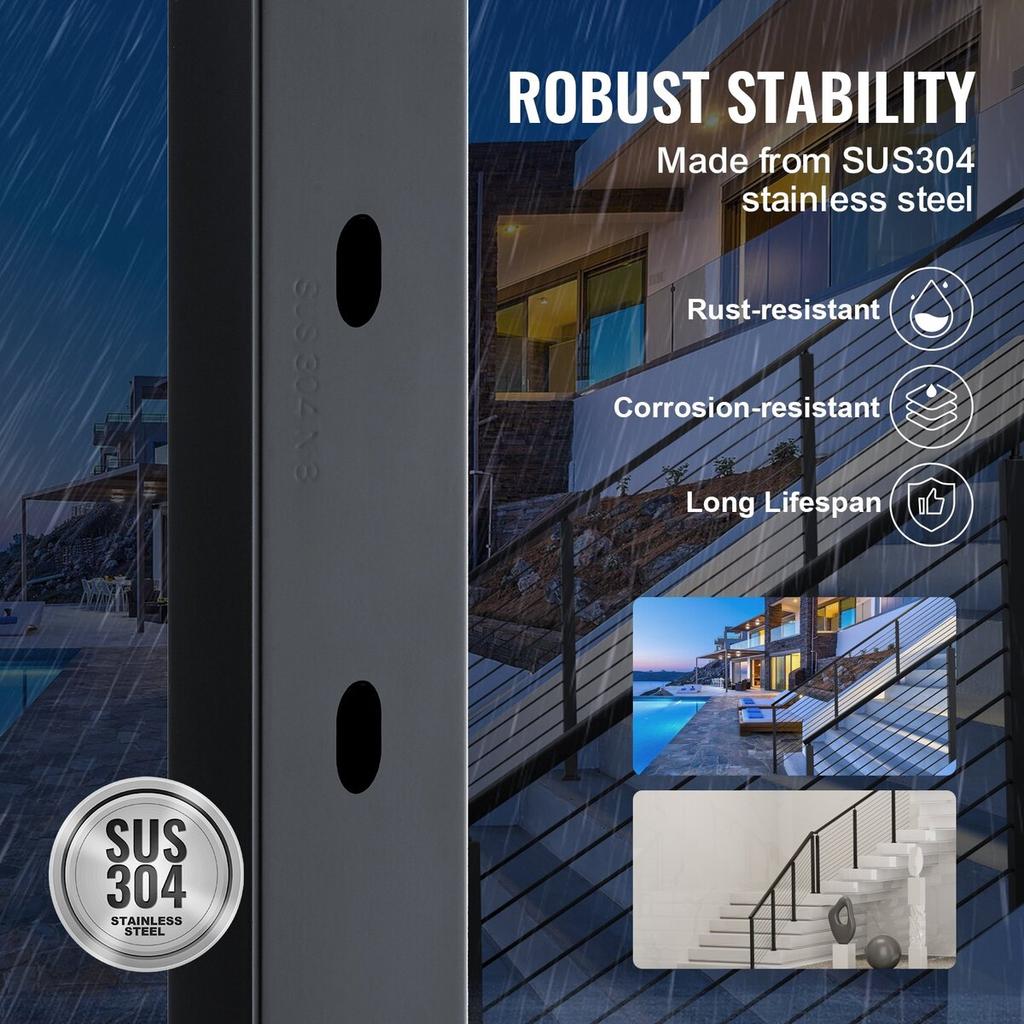 Cable Railing Post 42x1x2in 30° Angled Hole Stair Railing Post Black 1Pc