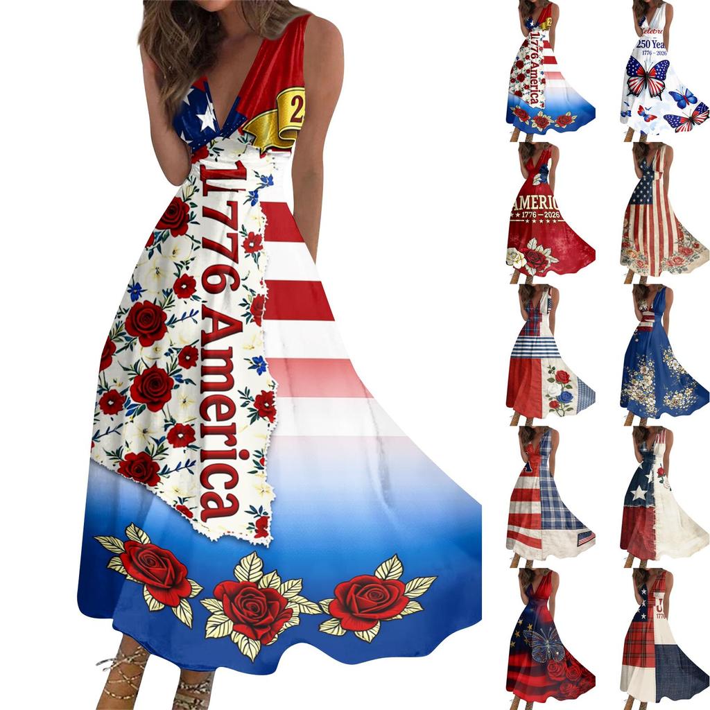 Women Sleeveless V Neck Waist Tie Maxi Dress with Independence Day Flag and Floral Print for Summer Casual Outings