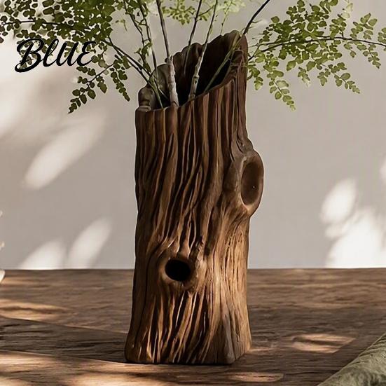 Boho Style Room Decor 3D Printed Tree Stump Ornament Creative Vase Natural Realistic Hole Prop Pen Holder Retro Brown Desktop Organizer for
