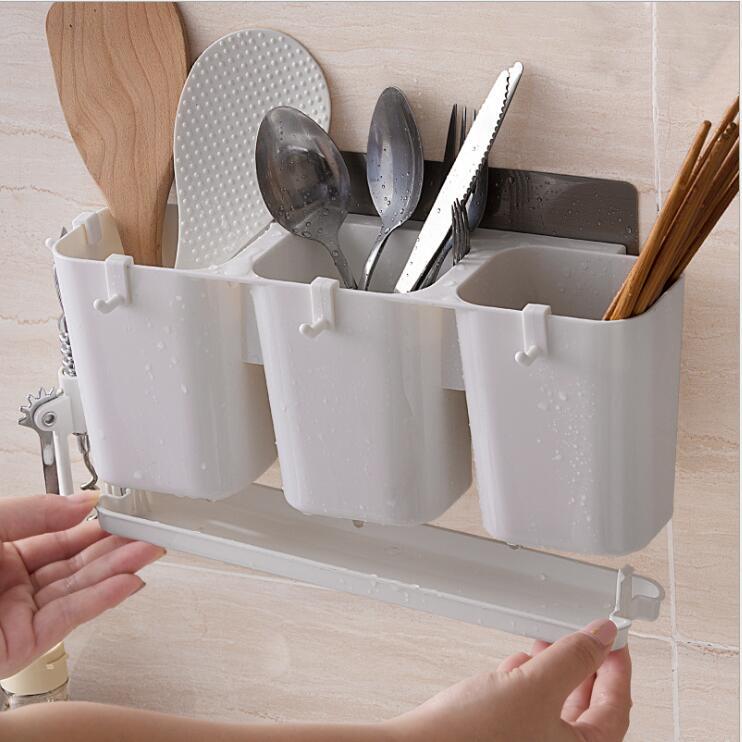Multifunctional Kitchen Racks Without Traces with Hooks Tableware Drain Storage Box Grid Chopsticks