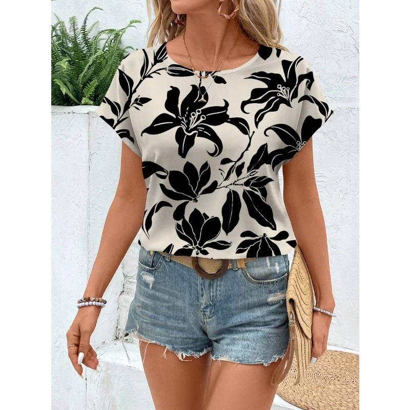 Mode Damen Rundhals T-Shirt Sommer Lässig Outdoor Kurzarm Oberteile Blumenmuster Stil Übergröße Locker Damenbekleidung
