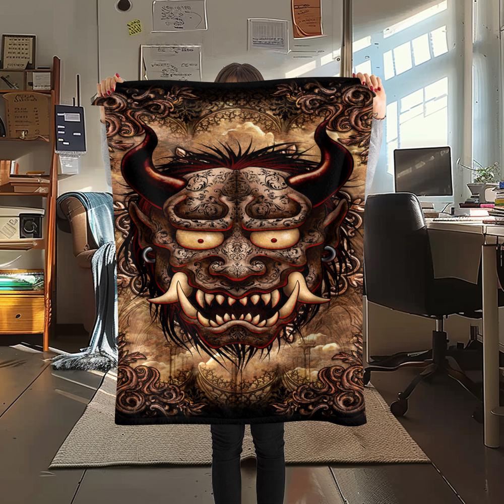 1Pc Hannya Samurai Print Flannel Blanket, High quality Comfortable for All Seasons, Home Decor, Warmth and Comfort, Perfect for Christmas Gifts