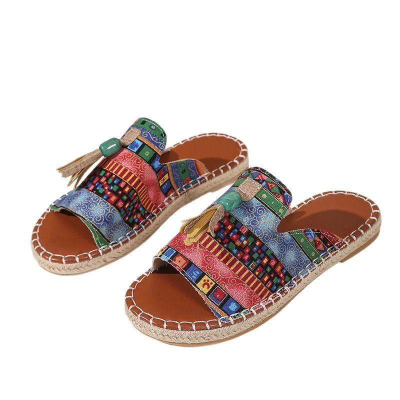 Fashion Flat slippers for wearing on the outside, 2025 summer new European and American fringed women's slippers, 43 beach flip-flops