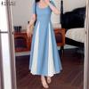 ZANZEA Women Casual Square Collar Summer Short Sleeve Long Dress