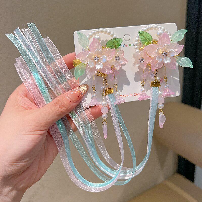 Princess Style Children's Hanfu Hair Clips - Ancient Chinese Tassel Ribbon Headdress for Girls